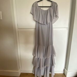 lavender full length off the shoulder dress